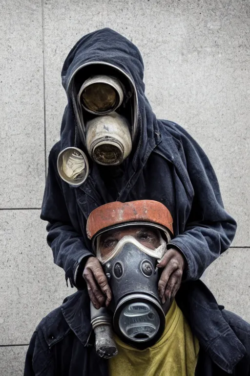 Image similar to an award winning portrait photo of a homeless person wearing a gas mask and hard helmet, 4 k, high quality, sharp focus