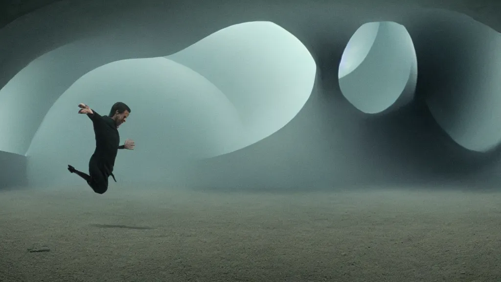 Image similar to A man falling into a 5 hour vortex, film still from the movie directed by Denis Villeneuve with art direction by Salvador Dalí, wide lens