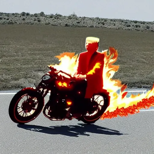 Image similar to Donald trump in a fire-y landscape, riding a motorbike without the helmet on