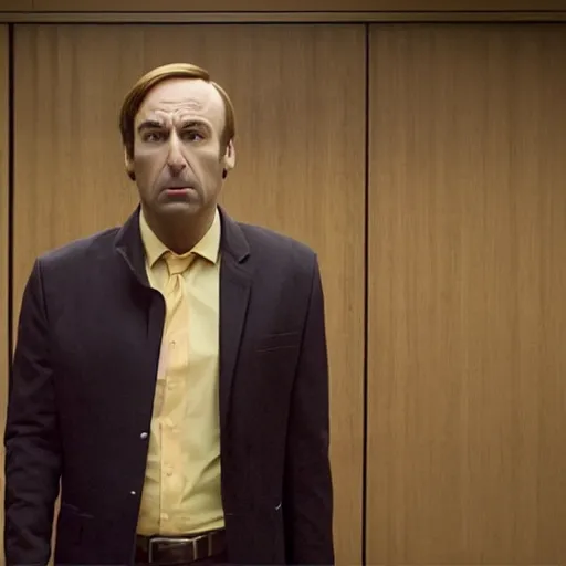 Image similar to still from better call saul, saul goodman in court with red ballon, cinematic shot