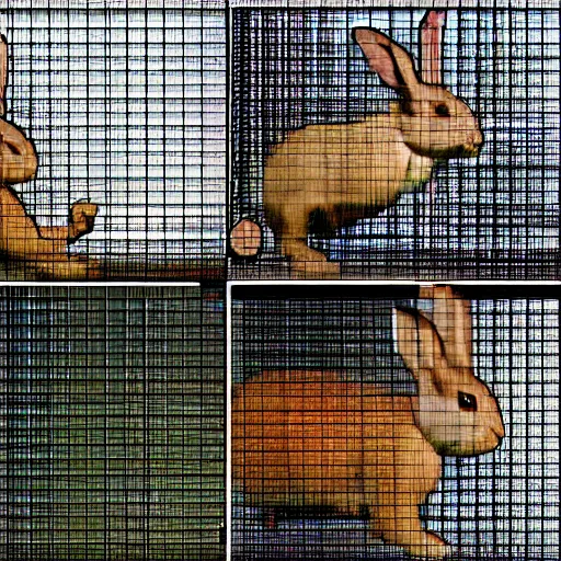 Prompt: a rabbit jumping up over a fence, shown as a film strip showing 9 sequential stills starting from time 0 : 0 0 from the video clip in a grid