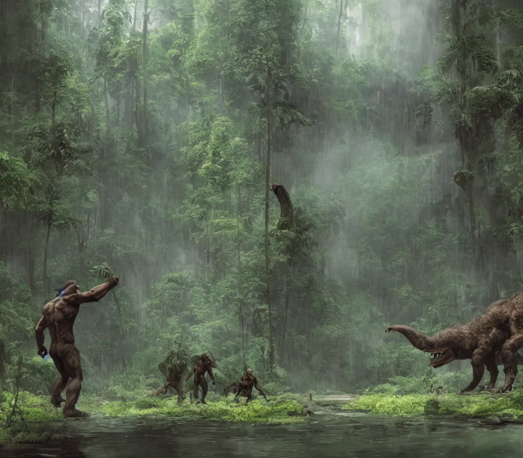 Image similar to matte painting of bigfoot in rain forest, large dinosaurs in background, style by blizzard concept artists