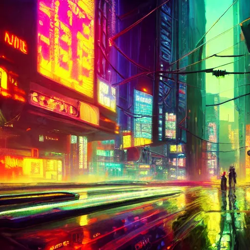 Image similar to an impressionist oil painting of a cyberpunk dystopian city with a lot of neon signs, highly detailed, texture, masterpiece, trending on artstation