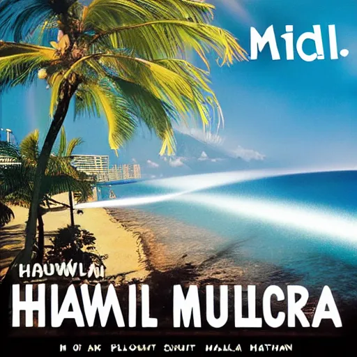 Image similar to miracle musical Hawaii part ii album cover, showing an ocean in the background, spiral transparent stairs on the left with tall palm trees behind it, a slight rainbow in the background, white outline border, moon in the right top area black and white except for the rainbow album cover rainbow text in the center reading Hawaii part ii, 80s Japanese