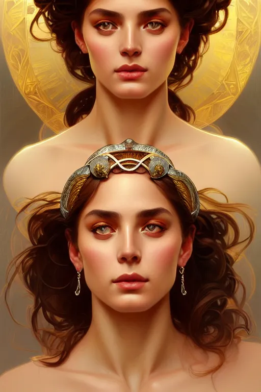 Image similar to portrait of beautiful greek goddess, eyes ablaze with silver fire, by terry o'neill intricate, elegant, highly detailed, digital painting, glistening skin, artstation, concept art, smooth, sharp focus, bright lighting, illustration, art by artgerm and greg rutkowski and alphonse mucha, 8 k