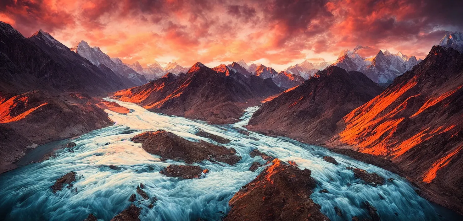 Image similar to amazing landscape photo of mountains with river in sunset by max rive, beautiful dramatic lighting