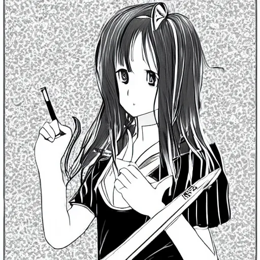 Image similar to “Detailed manga art of a beautiful Japanese girl holding a knife; loving expression; school uniform; high contrast; clean, sharp”