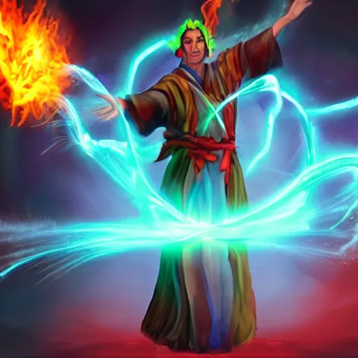 Prompt: Supreme archmage holding a fireball with wisps of color in an action pose and flowing robe.