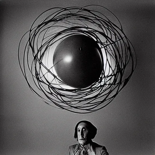 Prompt: Marcel Duchamp holding a light-producing sphere with cables attached, 35mm film, icon by Irving Penn
