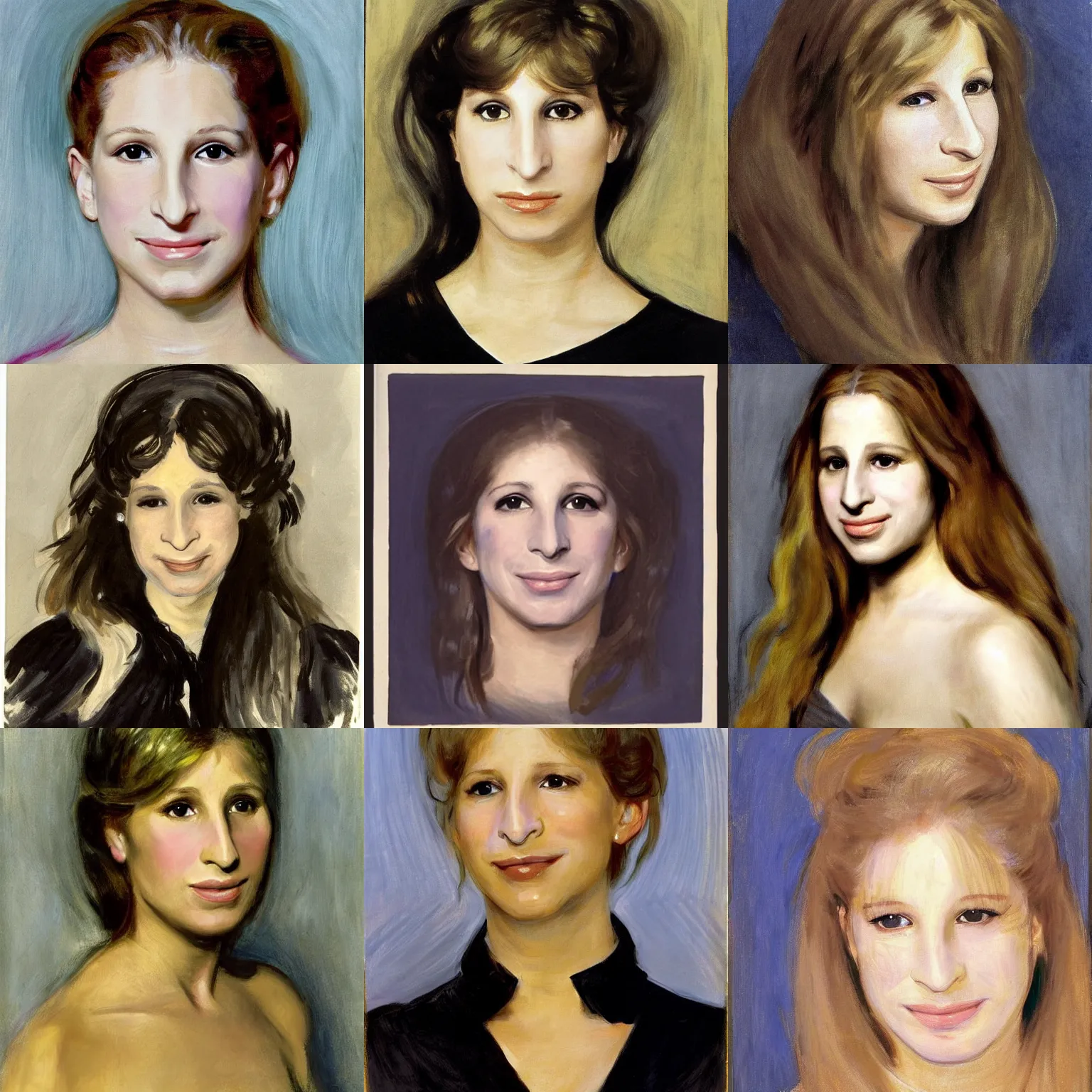 Prompt: barbra streisand no makeup, wavy hair, slight smile, defined facial features, symmetrical facial features. by john singer sargent