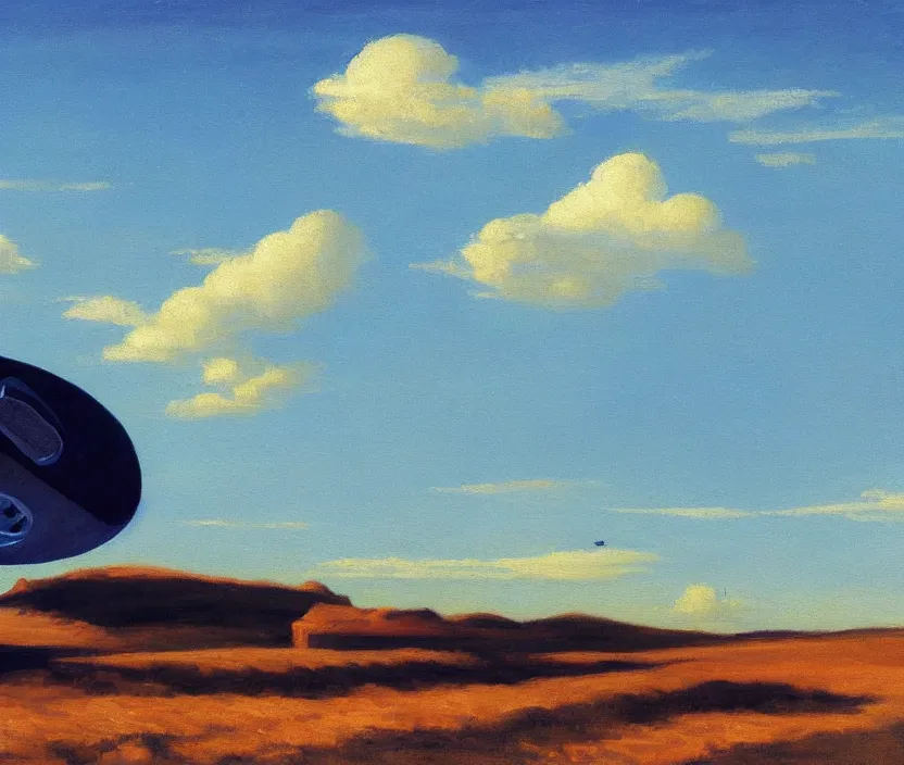 Image similar to a very detailed painting of a spaceship on a field, baby blue sky with very aesthetic clouds, in the style of edward hopper and huggo pondz, very fine brushstrokes, 4 k,