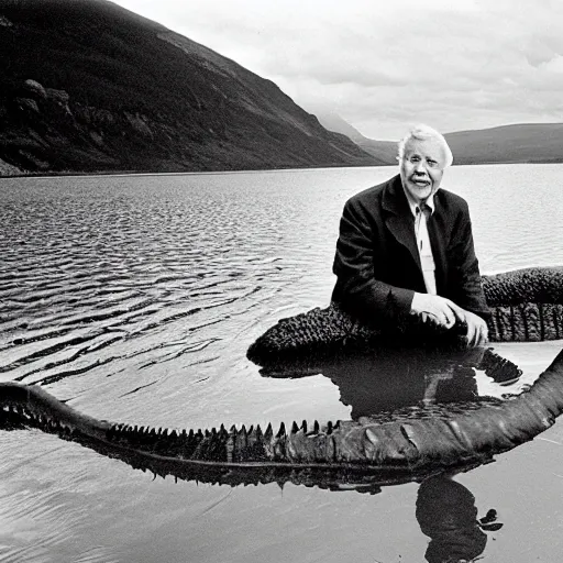 Image similar to Sir David Attenborough at a lake, with Loch Ness Monster Nessie plesiosaur in the water