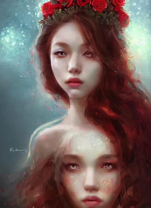 Image similar to a gorgeous flower princess portrait by WLOP, big emerald eyes, red hair, digital painting, beautiful lighting, mystical, detailed flowers, cgsociety