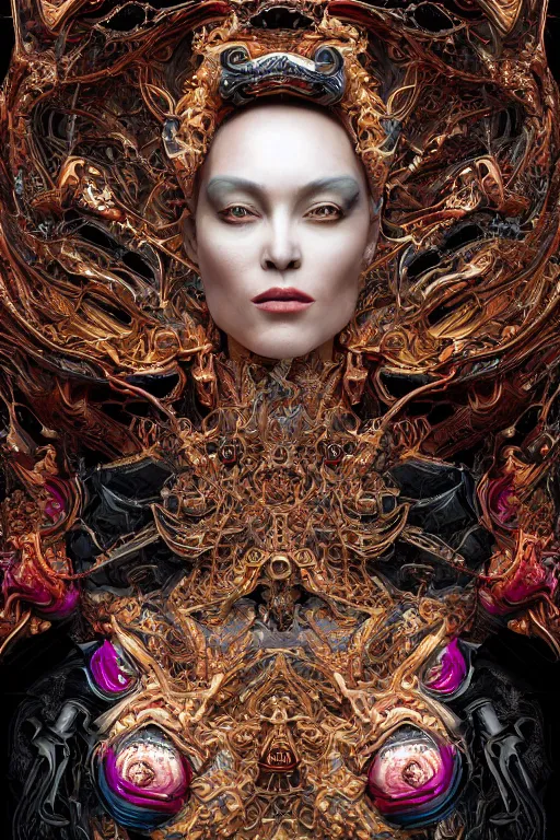 Image similar to hyper-realistic ultra-detailed maximalist and dramatic elegant luxury alien empress made of marble portrait by igor goryunov and heidi taillefer inspired by andrei riabovitchev and patricio clarey Rendered by binx.ly 8k. Generative art. Fantastic realism. Scifi feel. Extremely Ornated. Intricate and omnious. Tools used: Blender Cinema4d Houdini3d zbrush. Unreal engine 5 Cinematic. Beautifully lit. No background. artstation. Deviantart. CGsociety.