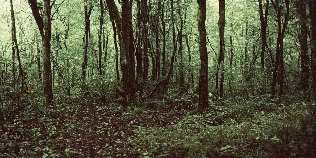 Prompt: 3 5 mm photographs, slide photos, portra, iso 8 0 0, grainy, 1 9 8 0 s, a lush dark forest with a path towards an abandoned hut, blair with project,