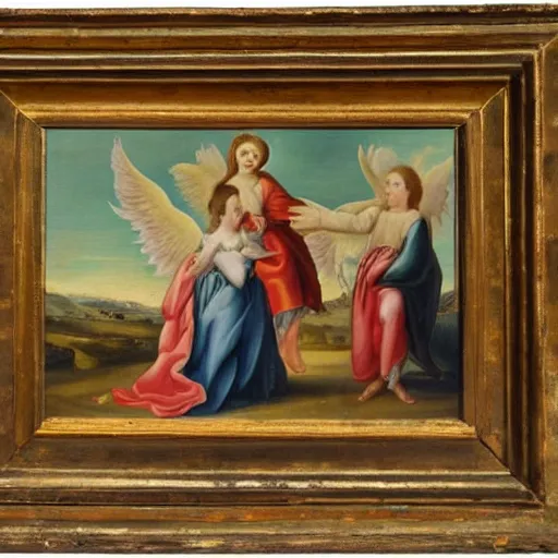 Prompt: 1 8 th century painting of 3 mary's, and 2 angels in the background