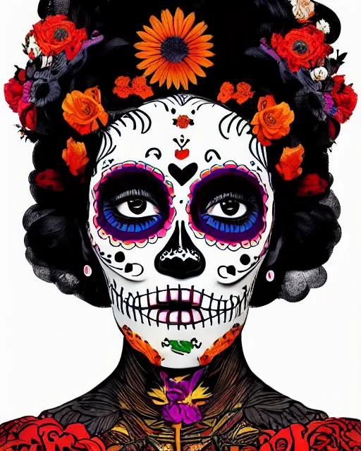 Prompt: dia de los muertos theme poster art by artemio rodriguez, aida muluneh, and gustave bauman, intricate, accurate facial details, profile picture, artgerm, retro, nostalgic, old fashioned, posterized color