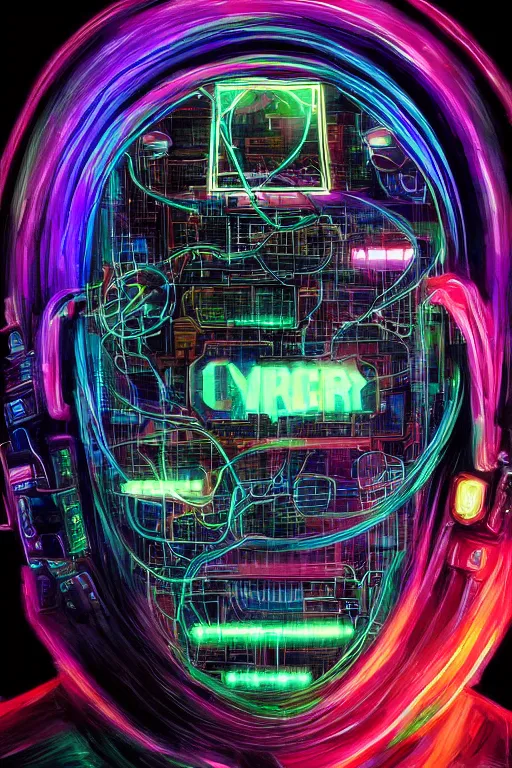 Prompt: stunning highly detailed portrait of a neuromancer hacker with cyber headgear surrounded by wires, neon colors, oil on canvas, strong lighting, by Glenn Fabry, HD, 4K