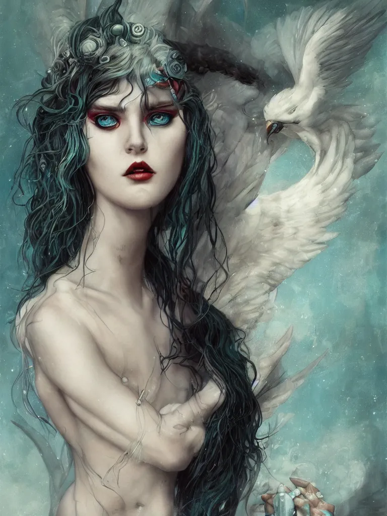 Prompt: a seapunk portrait of a harpy with shadowy eyes and bonewhite hair, with black glossy lips, hyperrealistic, award-winning, masterpiece, in the style of Tom Bagshaw, Cedric Peyravernay, Peter Mohrbacher