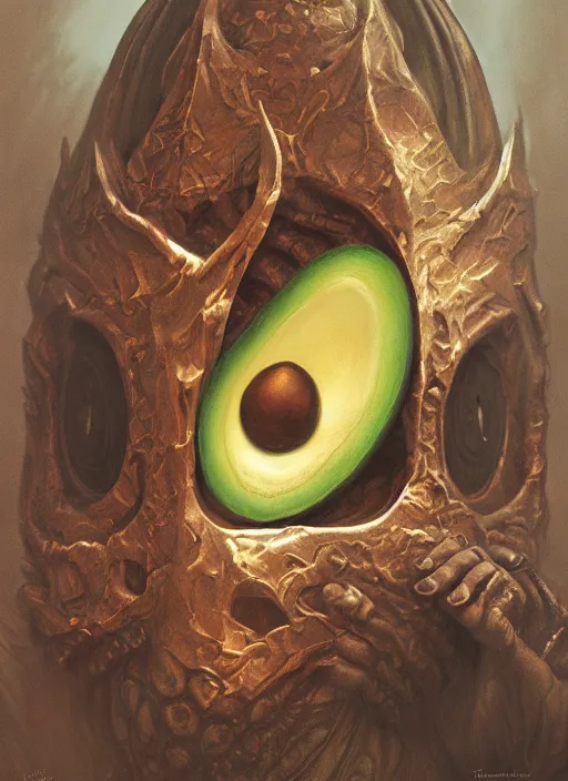 Image similar to avocado mf doom devil eyes, the devil's avocado, avocado skin. intricate, elegant, highly detailed, centered, digital painting, artstation, concept art, smooth, sharp focus, illustration, artgerm, tomasz alen kopera, peter mohrbacher, donato giancola, joseph christian leyendecker, wlop, frank frazetta