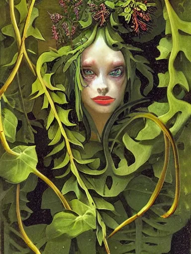 Prompt: The Hanging-Gardens of Pareidolia, lobelia, ivy, verbena and pothos growing facial features and optical-illusions, aesthetic!!!!!!!!!!!!!!!!, by Chris Tulloch McCabe in the style of Gerald Brom,