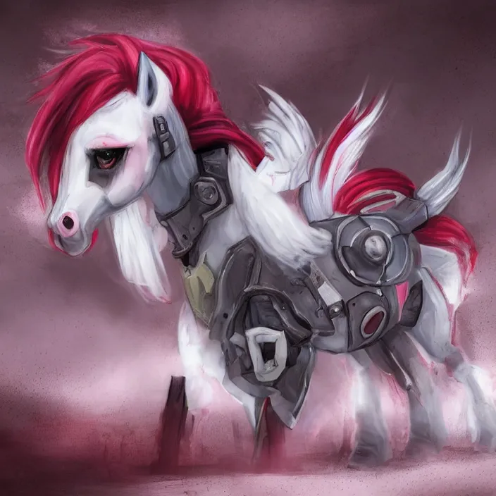 Image similar to Fallout Equestria Project Horizons | Blackjack Character Fanart | White MLP Unicorn Mare with red and black shaggy hair, and bright, robotic eyes. | Cutie Mark is: Ace and Queen of Spades | Trending on ArtStation, Digital Art, MLP Fanart, Fallout Fanart | Blackjack sitting and looking depressed at the viewer | Hyperrealistic CGI Photorealistic Cyborg Unicorn