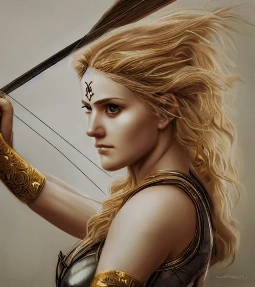 Image similar to portrait of beautiful aphrodite goddess as an archer warrior, arrow, beautiful piercing eyes, flowing blonde hair, realistic face, black and white drawing, in the style of greg rutkowski, fantasy, amazing detail, epic, intricate, elegant, smooth, sharp focus