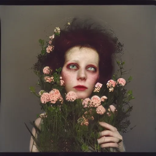 Prompt: Medium shot portrait, post-punk death, wrapped in cables and flowers, dreamy autochrome pinhole photography by Barry Lyndon