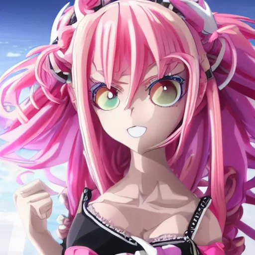 Prompt: stunningly beautiful omnipotent megalomaniacal anime goddess who looks like junko enoshima with porcelain skin, pink twintail hair and mesmerizing cyan eyes, symmetrical perfect face smiling in a twisted, mischievous, devious and haughty way while looking down upon the viewer and taking control, mid view, hyperdetailed, 2 d, 8 k