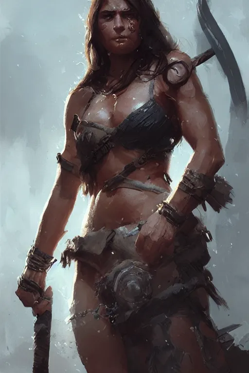 Image similar to portrait of a barbarian female, ultra sharp, very detailed, high quality focus by greg rutkowski and wlop