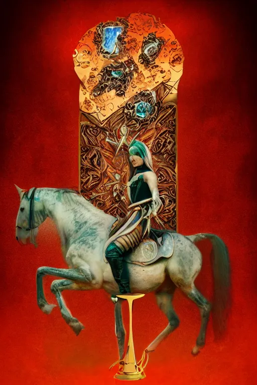 Image similar to self - transforming machine elf riding horse and holding chalice in the style of nordic noir television, dmt fractal tiling across the background, double exposure film, kodak portra film burn, knight of cups, vintage etteilla tarot