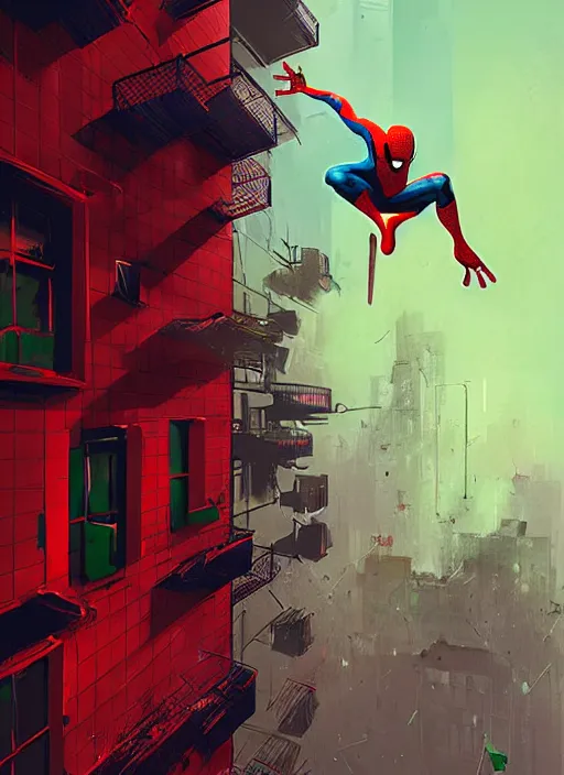 Image similar to spider - man jumping from building, red and green hour, by ismail inceoglu