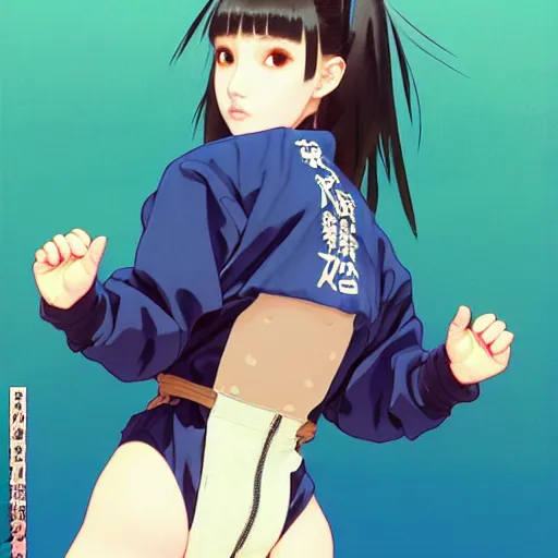 Image similar to a beautiful japanese natalie portman gravure model, wearing oversized native designer bomber jacket and leotard with overalls, bulky poofy bomber jacket with mesoamerican patterns, mesoamerican native street fashion, gapmoe yandere grimdark, trending on pixiv fanbox, painted by greg rutkowski makoto shinkai takashi takeuchi studio ghibli, akihiko yoshida