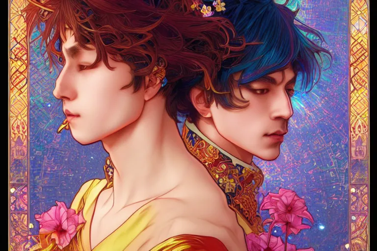 Image similar to colorful prince, night, japan, 4 k, ultra realistic, beautiful colors, epic lighting, machines, high detail, masterpiece, trending on artstation by artgerm and akihito tsukushi and alphonse mucha, crayons