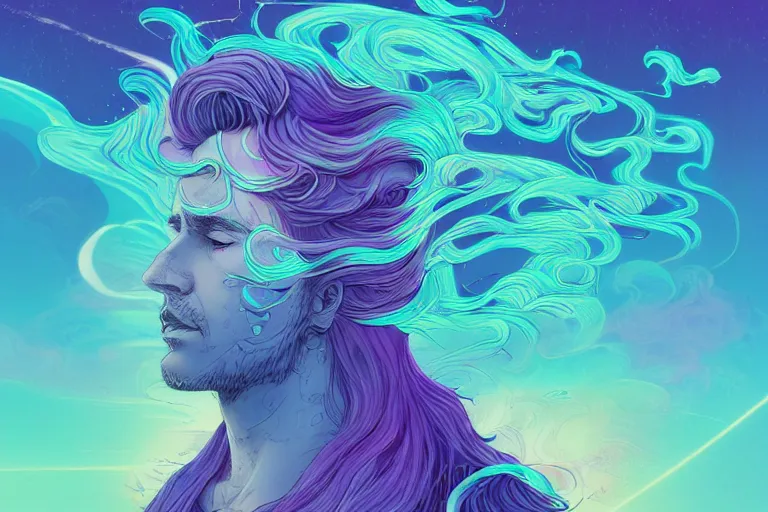 Image similar to cell shaded, muted vaporwave ombre. double exposure, druid of creativity, flowing hair, beautiful character fashion design, by josan gonzalez, shag, nagel, and paul lehr and david heskin and seb mckinnon and jared s. merantz and alex grey, hi - fructose, 8 k, digital matte painting