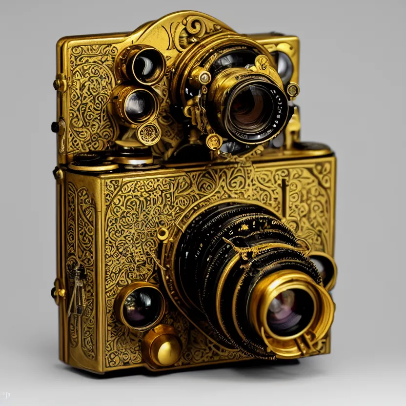 Prompt: photograph of a very very beautiful steampunk medium format camera!!. plain grey background. centered. highly detailed. gold. vintage brass lens. artstation, concept art, symmetry, smooth, sharp focus, art by john singer sargent and and mucha by theodore ralli and nasreddine dinet and anders zorn and nikolay makovsky and edwin long