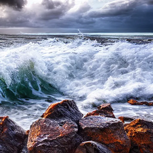 Prompt: waves crashing in on a stony beach, realistic, hdr, clear image, hdd, dynamic lighting,