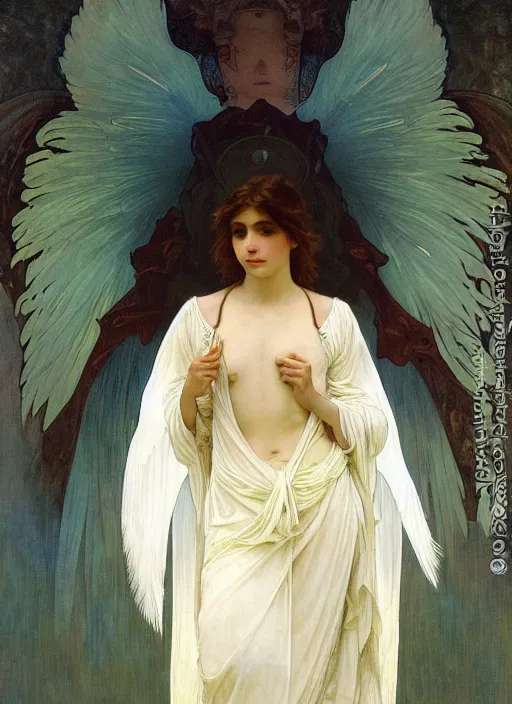 Image similar to painting of a beautifully robed angel with huge white feather wings, intricate, elegant, hyperdetailed, by alphonse mucha and william - adolphe bouguereau and john william waterhouse