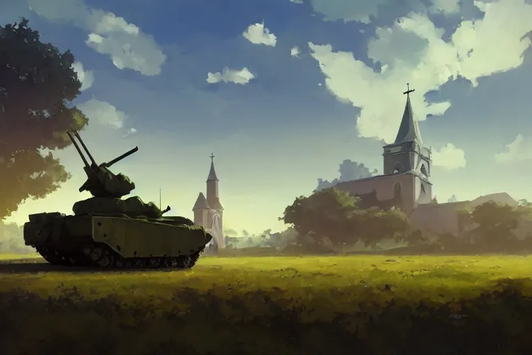 Prompt: a tank with a church as tower, scene in an open field. key visual, conceptart, ambient lighting, highly detailed, digital painting, artstation, concept art, sharp focus, by makoto shinkai and akihiko yoshida and greg manchess