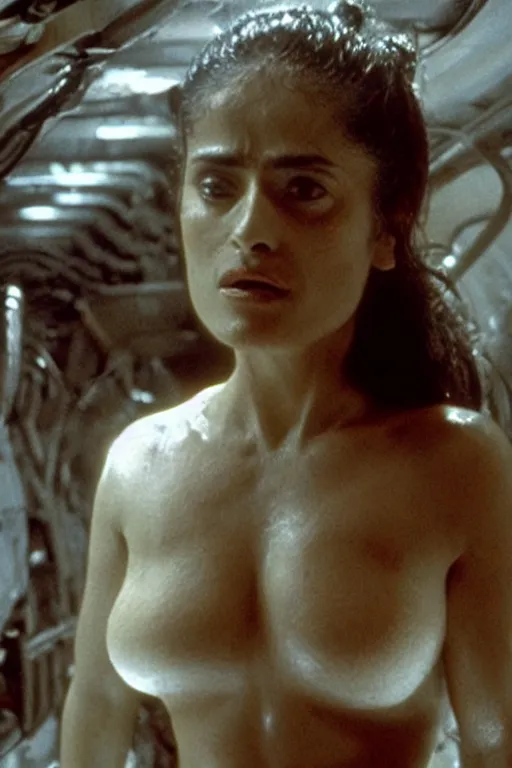 Prompt: film still of salma hayek in the movie Alien, captured in a creamy alien substance, scary, cinematic shot, 4k.