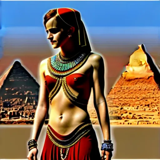 Prompt: emma watson demonic egyptian queen, an oasis in the background, anatomically correct body, many details, super realistic, high quality, 8 k
