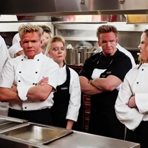 Image similar to gordon ramsay yelling at kfc employees on kitchen nightmares. the employees are lined up and in their kfc uniforms.