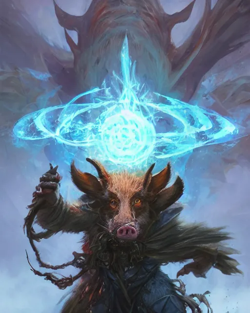 Image similar to Hog Shapeshifter Druid Mage, D&D, artstation, fantasy, magic the gathering artwork, cinematic lighting, centered, symmetrical, highly detailed, digital painting, , concept art, smooth, sharp focus, illustration, volumetric lighting, epic Composition, 8k, art by Akihiko Yoshida and Greg Rutkowski and Craig Mullins, oil painting, cgsociety