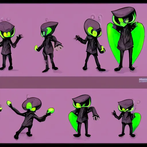 Image similar to character sheets for a new sinister shadowy vampire squid character, artwork in the style of splatoon from nintendo, art by tim schafer from double fine studios, edgy original character color palette from the early two thousands, black light, neon, spray paint, punk outfit, tall thin frame, adult character, fully clothed, vampire, colorful, pop art, official art