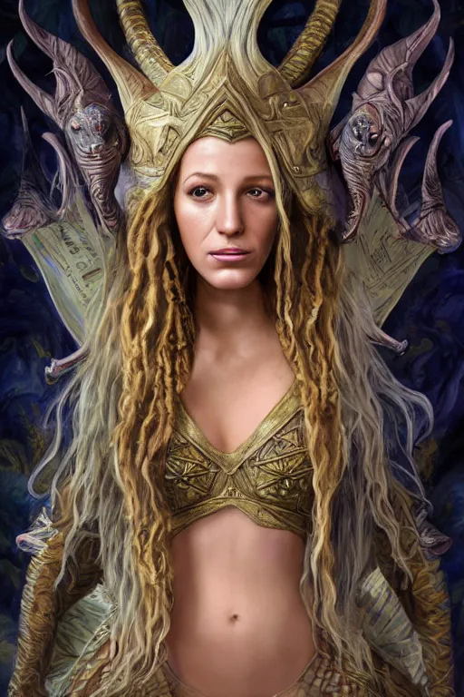 Image similar to A fantasy book style portrait painting of a hybrid, Blake Lively, Anya_Taylor-Joy, Cory Chase, as a Mystical Valkyrie, Anubis-Reptilian, Atlantean Warrior, François Boucher, Oil Painting, Crisp clear resolution, unreal 5, DAZ, hyperrealistic, octane render, Regal, Refined, Detailed Digital Art, RPG portrait, William-Adolphe Bouguereau, Michael Cheval, Walt Disney (1937), Steampunk, hyperdetailed, artstation, cgsociety, Volumetric Golden dappled dynamic lighting, Highly Detailed, Cinematic Lighting, Unreal Engine, 8k, HD