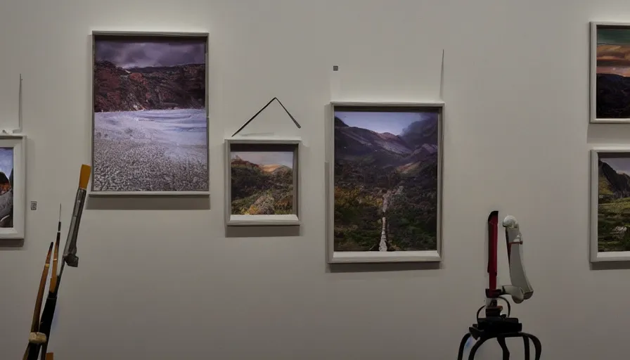 Prompt: robots holding paintbrushes against photos of landscapes in a gallery