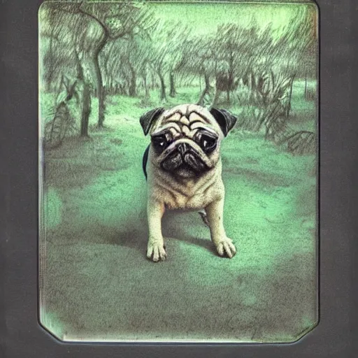 Image similar to fractal bipedal impressionist lagoon cylinder pug hickory tree pesto trombone , by Wendy Froud and Paul Gauguin and Brom , pencil sketch , polaroid photo , cyberpunk