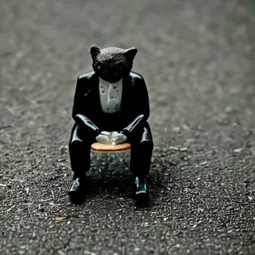 Image similar to macro photography of a tiny plastic depressed man in a suit, sitting on a bench with his cat, 3 5 mm macro shot,