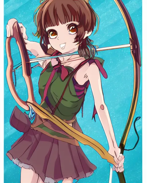 Image similar to illustration of a brown short hair anime girl with green eyes wielding a bow and arrow in the style of studio ghibli, ayami kojima, and 90's anime, realistic shaded perfect face, fine details. Anime