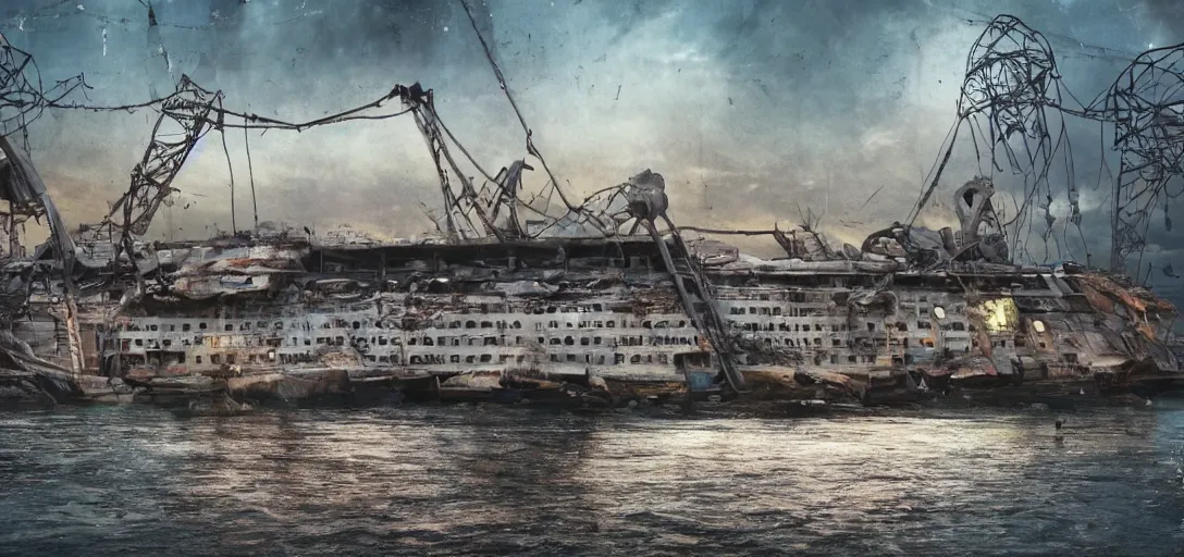 Image similar to an abandoned cruise ship in the River Thames, post-apocalyptic future, cables, wires, upcycled, cyberpunk, cinematic shot, hyper realistic, hyper detailed